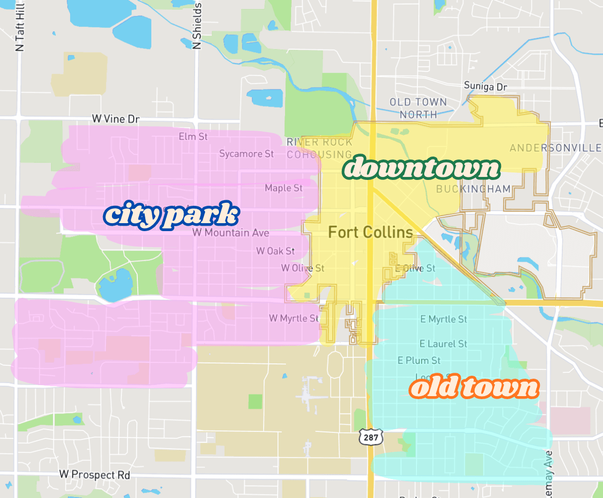 Map showing recommended Fort Collins neighborhoods for meetup walkability